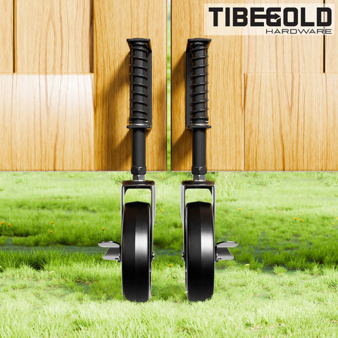 5 Inch Spring Loaded Gate Caster With Side Brake For Outdoor Wooden Gates And Fences, Heavy Duty Wheel With 360 Degree Swivel, Anti Sag Gate Kit, 220 Lb Capacity, Black, 1 Pack shown installed on wooden gate.