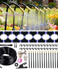 360 Degree Adjustable Drip Irrigation System With Large 50 Ft 15/32 Inch Hose, copper nozzles spraying water in garden