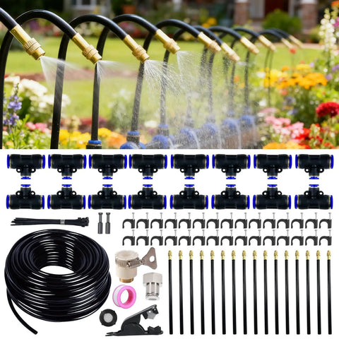 360 Degree Adjustable Drip Irrigation System With Large 50 Ft 15/32 Inch Hose, copper nozzles spraying water in garden