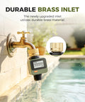 Water Flow Meter With 180 Degree Removable LCD Panel attached to garden hose at outdoor faucet.
