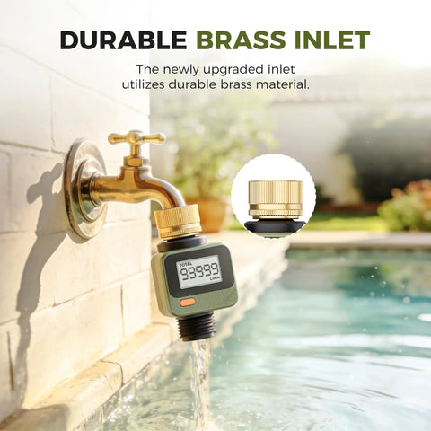 Water Flow Meter With 180 Degree Removable LCD Panel attached to garden hose at outdoor faucet.