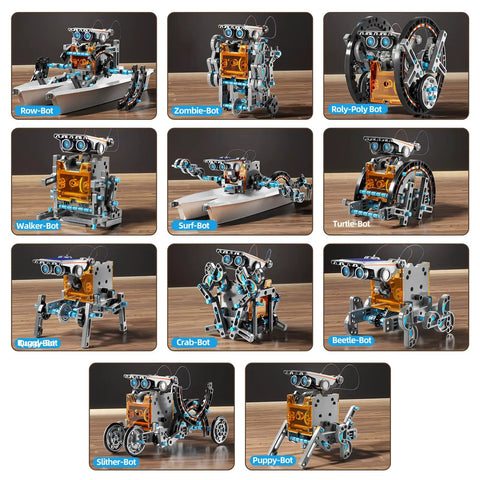 Grid of 12 solar-powered robots from the Solar Powered STEM Robotics Kit For Kids Aged 8 To 13 Build 12 Solar Robots Educational Science Experiment Set For Boys And Girls A Fun Hands On Learning Toy For 8 9 10 11 12 13 Year Olds Gray