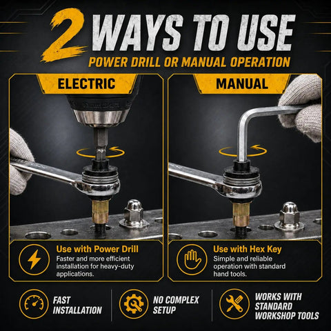 Pro Grade Rivet Nut Tool Set For DIY Metalwork, Manual Rivet Gun Head Kit With Interchangeable Mandrels 5 6 7 And Nuts 50 60 70, Metric Range M3 To M12, Heavy Duty, Easy To Use, Beef Up Your Sheet Metal Fabrication. electric and manual use with drill and hex key