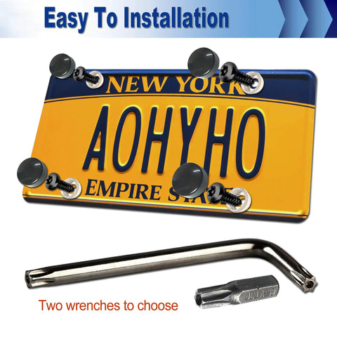 Heavy Duty Premium Black Anti Theft License Plate Screws M6 Stainless Steel Bolt Set For Vehicles with wrenches and license plate.
