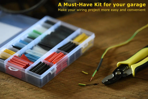 670 Piece Heat Shrink Tubing Kit With Wire Stripper Cutter on wooden table, showcasing 6 colors and assorted sizes for DIY projects.