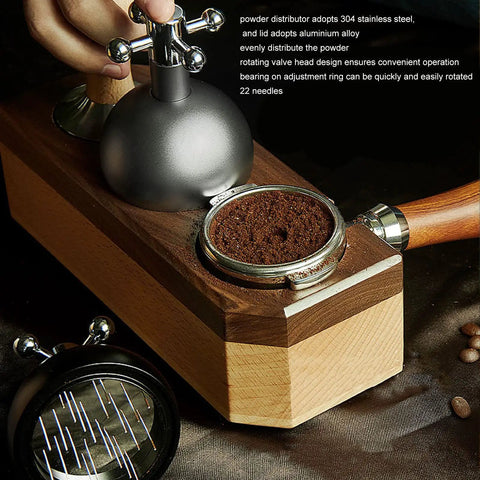 Pro Level 58mm Coffee Powder Distributor And Espresso Stirrer Tool Featuring Adjustable Height Dial Built From Food Grade Metal For Smooth Barista Extraction Plus Even Ground Bedding In Dope Gloss Black on wood base with coffee grounds.