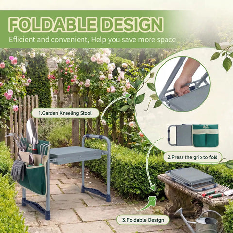 2-In-1 Garden Kneeler And Work Seat That Converts Between Kneeling And Sitting, shown folded with tool bag on top.