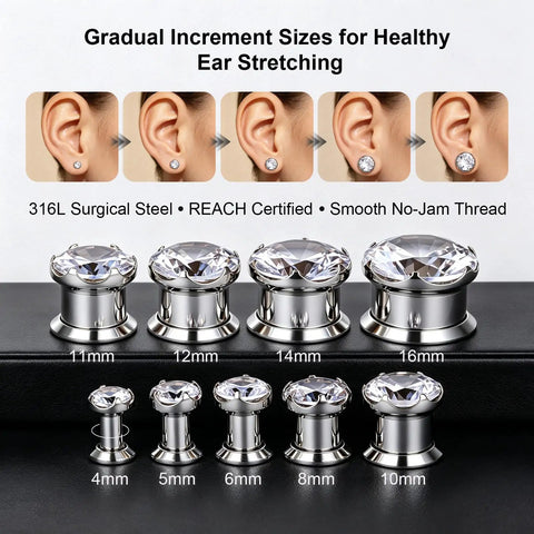 316L Stainless Steel Screw In Ear Tunnels With AAA Plus Cubic Zirconia Gems Sparkling Gauges That Look Dope For Everyday Wear Or Special Occasions Hypoallergenic Piercing Jewelry That Stays Comfortable And Secure, 11mm-16mm sizes