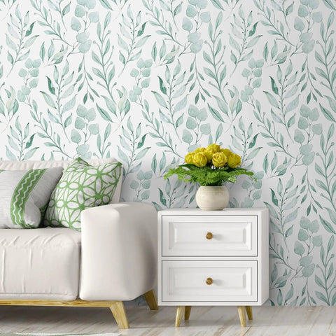 Green Leaf Floral Peel and Stick Wallpaper Self Adhesive Wall Covering 17.7 x 394 Inches Watercolor Leaves in a living room setting