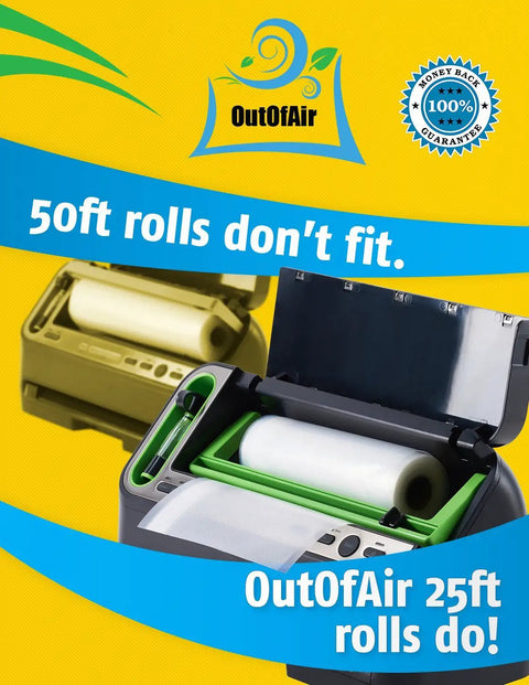 Inside Ready Eight And Eleven Inch Heavy Duty Vacuum Sealer Rolls Pack Four Rolls Two Of Each Size 100 Feet Total shown with cutter