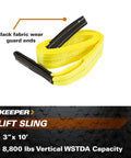 10 Foot By 3 Inch Lift Sling 2 Ply With Black Wear Guard Ends, 8800 Lbs Vertical Capacity, rolled yellow strap close-up