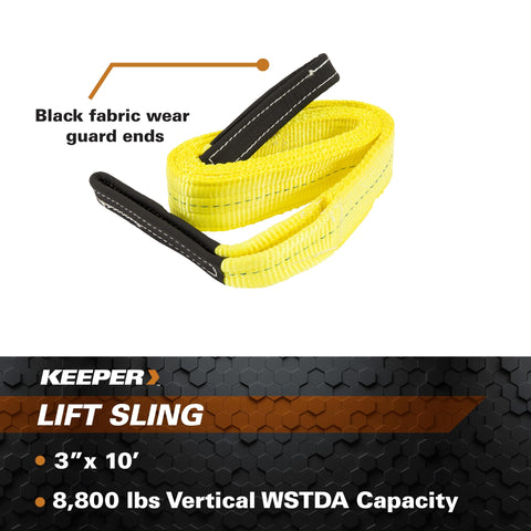 10 Foot By 3 Inch Lift Sling 2 Ply With Black Wear Guard Ends, 8800 Lbs Vertical Capacity, rolled yellow strap close-up