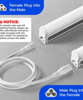 Ultra Bright LED T5 Shop Light 3 Foot 6500K With Built In On Off Switch 16W Low Power Over 1900 Lumens ETL Listed Pack Of 6 Utility Bay Light For Garage Workshop Or Commercial Use showing connectors and notice about cable usage.