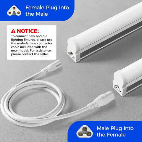 Ultra Bright LED T5 Shop Light 3 Foot 6500K With Built In On Off Switch 16W Low Power Over 1900 Lumens ETL Listed Pack Of 6 Utility Bay Light For Garage Workshop Or Commercial Use showing connectors and notice about cable usage.