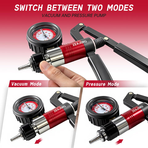 All In One Handy Vacuum Pump Brake Bleeder Kit For Auto Maintenance shown with modes and gauge details