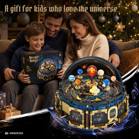 Totally Kid Friendly Solar System Building Kit For Ages 8 To 12 With 967 Pieces STEM Project Gear Driven Orrery Glowing Sun Rotating Planets 360 Clear Dome Music Box Transparent Dome Desk Decor For Boys And Girls displayed with family
