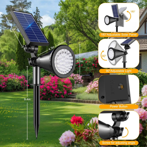 Heavy Duty Solar Spotlights Outdoor Two Pack With Dual Pivot Heads And Fully Rotating Panels Dropping A Crisp Cool White Glow To Light Up The Whole Patio Without Any Wiring Stress While Staying Damn Tough On Every Season
