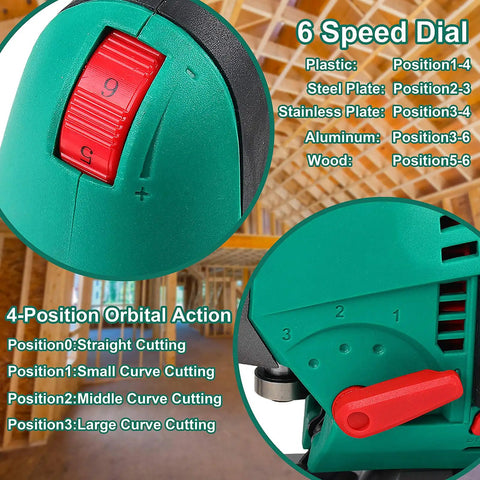 Close-up of 6 speed dial and 4 orbital settings on Jig Saw With 800W Pure Copper Motor 6 Speed Settings From 800 To 3000 SPM