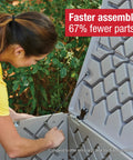 Person assembling Heavy Duty Resin Outdoor Storage Deck Box 74 Gallon Weatherproof Gray with easy access lid outdoors