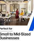 Office setting with diverse team collaborating, showcasing a workspace ideal for small to mid-sized businesses.