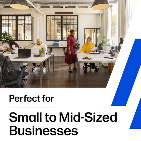 Office setting with diverse team collaborating, showcasing a workspace ideal for small to mid-sized businesses.