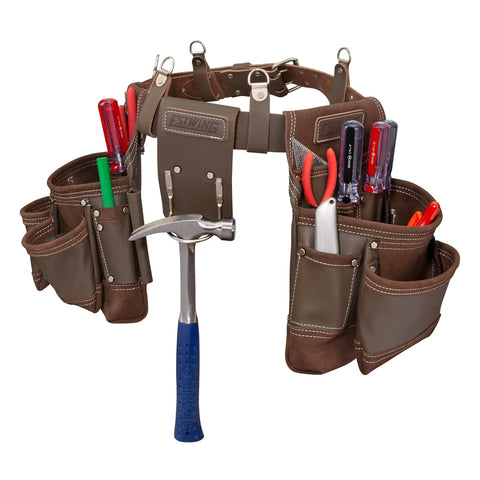 14 Pocket Framer Tool Belt Set With Tough As Nails Pro Grade Full Grain Leather, Rivet Reinforced Corners, tools in pockets, hammer holder