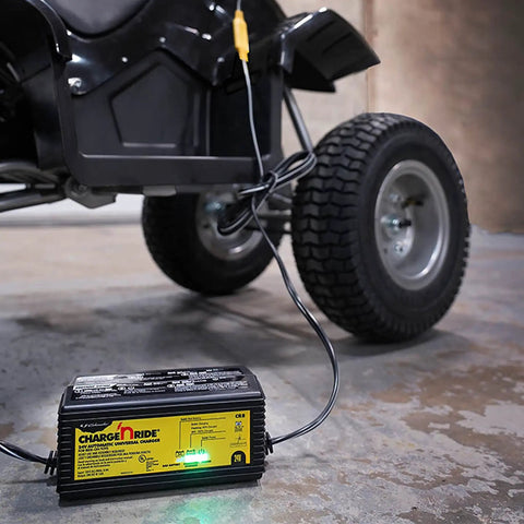 24V Universal Ride On Battery Charger For Dynacraft And Razor Toys, Fully Automatic Charge N Ride CR8 One Point Five Amp With Auto Voltage Detection, Multi Stage Charging, Float Mode, Bad Battery Detection, And Safe Auto Shutoff