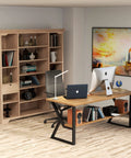 Modern office with K Shaped 2 Tier Metal Table Legs Heavy Duty Desk Leg Set In Black, wooden desk, and bookshelf setup.