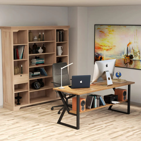 Modern office with K Shaped 2 Tier Metal Table Legs Heavy Duty Desk Leg Set In Black, wooden desk, and bookshelf setup.