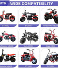 Multiple mini bikes compatible with 420 Chain Sprocket 42 Tooth Mini Bike Sprocket Hub Adapter Replacement, shown with labels and models.
