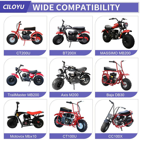 Multiple mini bikes compatible with 420 Chain Sprocket 42 Tooth Mini Bike Sprocket Hub Adapter Replacement, shown with labels and models.