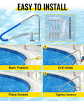 Installation steps for Heavy Duty Pool Handrail With Four Corner Flex And Blue Rubberized Comfort Guard Forged From 304 Stainless Steel.