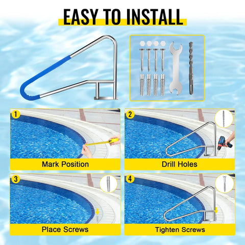 Installation steps for Heavy Duty Pool Handrail With Four Corner Flex And Blue Rubberized Comfort Guard Forged From 304 Stainless Steel.
