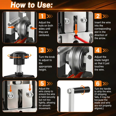 How to use Knockout Performance Wire Stripper Machine For Scrap Copper, showing adjustment steps for wire and blade height.