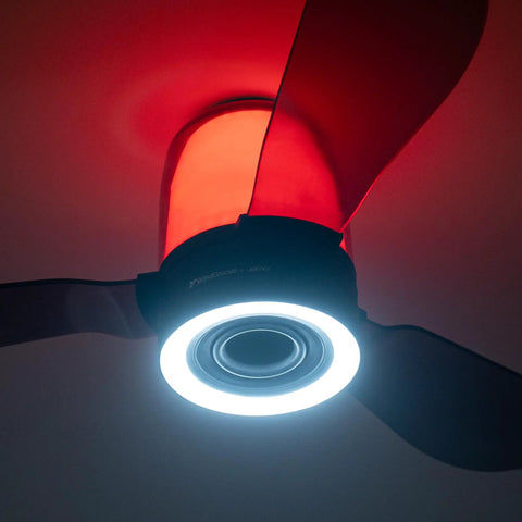 48 Inch Smart Ceiling Fans with Lights and Remote/ App, 2.1 Speaker System in red with LED ring and dark blades.
