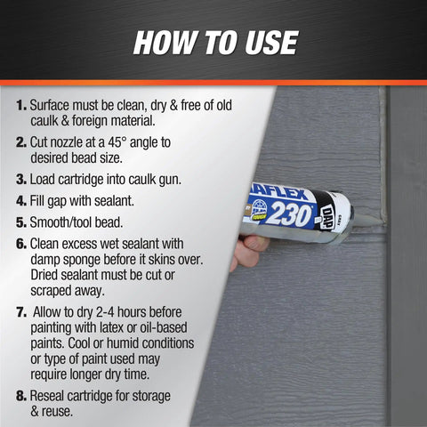 Instructions for using Premium Elastomeric Sealant In Aluminum Gray, 100 Percent Waterproof And Weatherproof, Ultra Flexible And Tough As Nails, Crack-Resistant, Paintable In About Two Hours, Exterior Joint And Gap Sealer For Homes And Projects with visible sealant cartridge in use.
