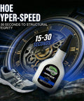 Fast Bonding Shoe Glue Kit 1oz and 1g, Clear Flexible Adhesive beside a sneaker with clock background