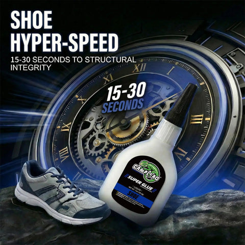 Fast Bonding Shoe Glue Kit 1oz and 1g, Clear Flexible Adhesive beside a sneaker with clock background