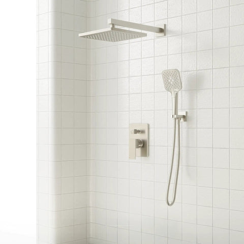 Top Shelf Brushed Nickel Shower System With Ten Inch Rain Head And Grippy Handheld Sprayer Powered By Solid Brass Pressure Balance Valve For Zero Stress Installations