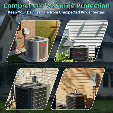 Image of outdoor HVAC units equipped with Heavy Duty Whole House HVAC Surge Protector 120/240V With TPMOV Technology Watertight Enclosure 5 Year Warranty Protects Mini Splits ACs Furnaces Water Heaters Refrigerators From Power Surges