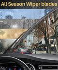 Slick And Rugged Neoprene Windshield Wiper Blades 22 Inch 2 Pack shown on a windshield demonstrating all weather capabilities.