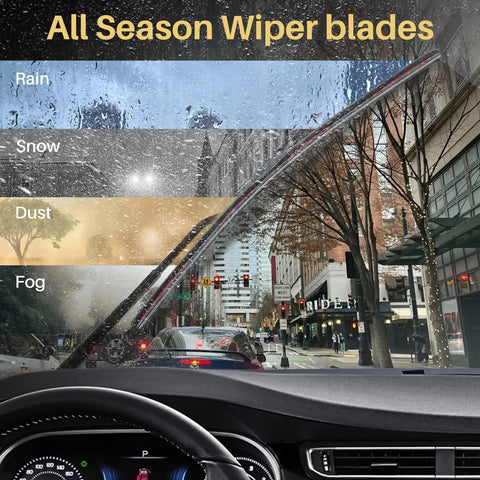 Slick And Rugged Neoprene Windshield Wiper Blades 22 Inch 2 Pack shown on a windshield demonstrating all weather capabilities.