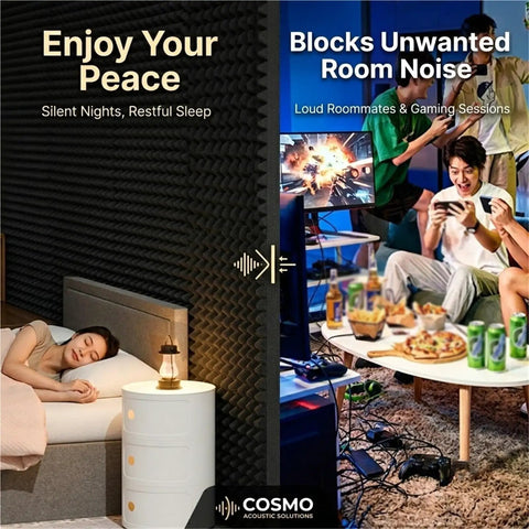 Rock Solid Peel And Stick Acoustic Foam Roll Self Adhesive Soundproof Wall Padding For Noise Reduction Room Setup in bedroom and gaming area.