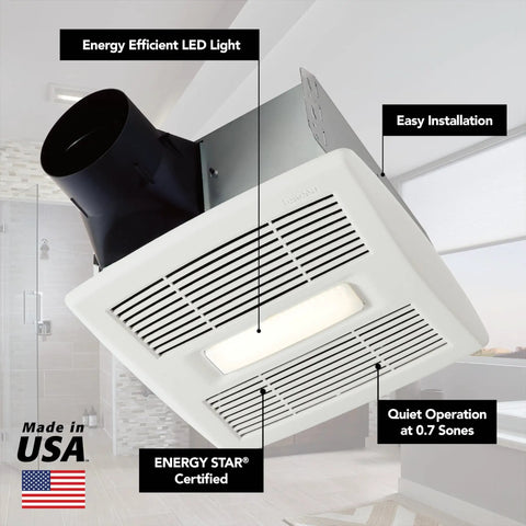 InVent Series Ceiling Bathroom Exhaust Fan With LED Light, Quiet 80 CFM, 0.7 Sones, Energy Star, Room-Side Mount, White