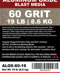 Label of 60 Grit Aluminum Oxide Sand Blasting Media 19 Lbs for cabinets and guns, showing product details and specifications.