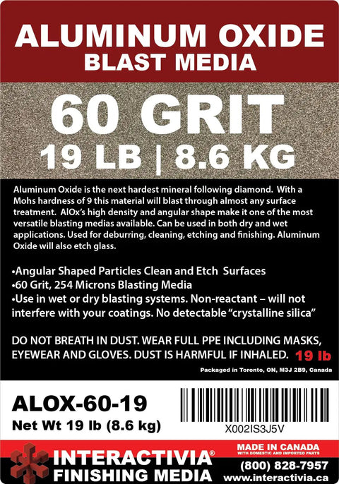Label of 60 Grit Aluminum Oxide Sand Blasting Media 19 Lbs for cabinets and guns, showing product details and specifications.