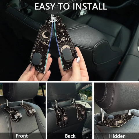 Two Piece Car Seat Headrest Hooks For Purse And Tote Bag Storage Chill Sun Moon Vibe Heavy Duty Metal Hooks in car interior.