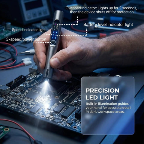 Using Cordless Rechargeable Engraving Pen With LED Light 18000 RPM High Precision Electric Engraver for circuit board detailing