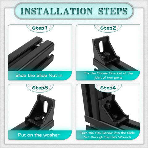 Installation steps for 20 Piece 4040 Aluminum Extrusion Profile Heavy Duty Connector Kit with corner brackets and T-slot nuts.