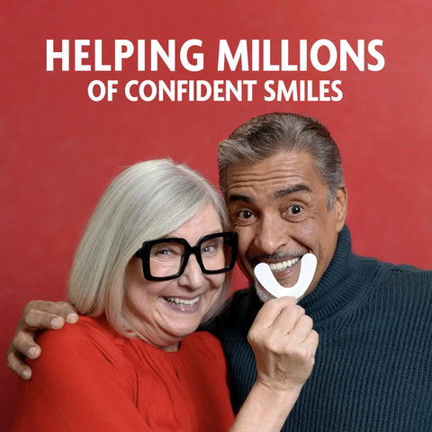 Couple smiling holding Secure Denture Adhesive Seals For Upper Dentures Zinc Free All Day Hold No Mess Comfort Cushioned Release